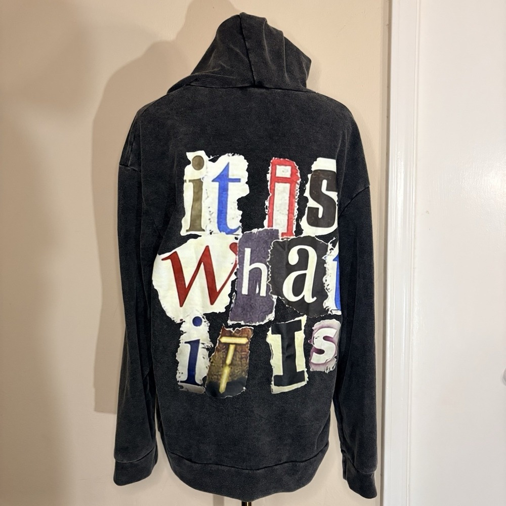 ZZG Men's Black Acid Washed Streetwear Graphic Pullover Hoodie Sz Small Pocket